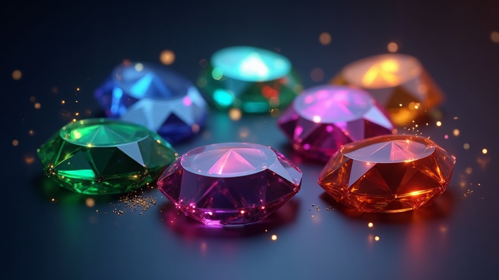 Seven coloured gemstones with matching pairs glowing on a dark surface