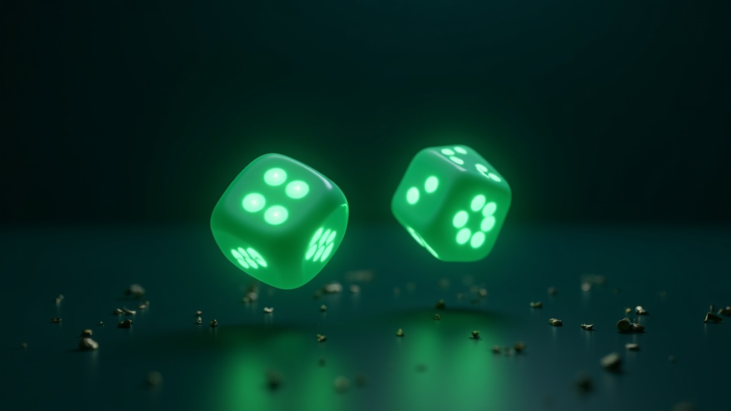 Zwei leuchtend smaragdgrüne Krypto-Casino-Würfel auf einem dunklen, spiegelnden Tisch