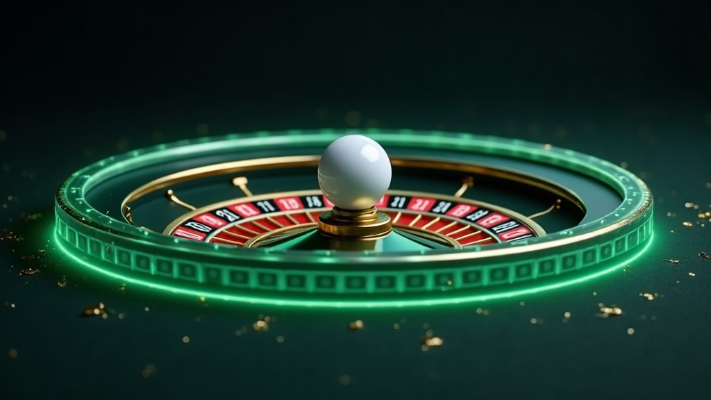 Roulette wheel and ball on dark casino felt